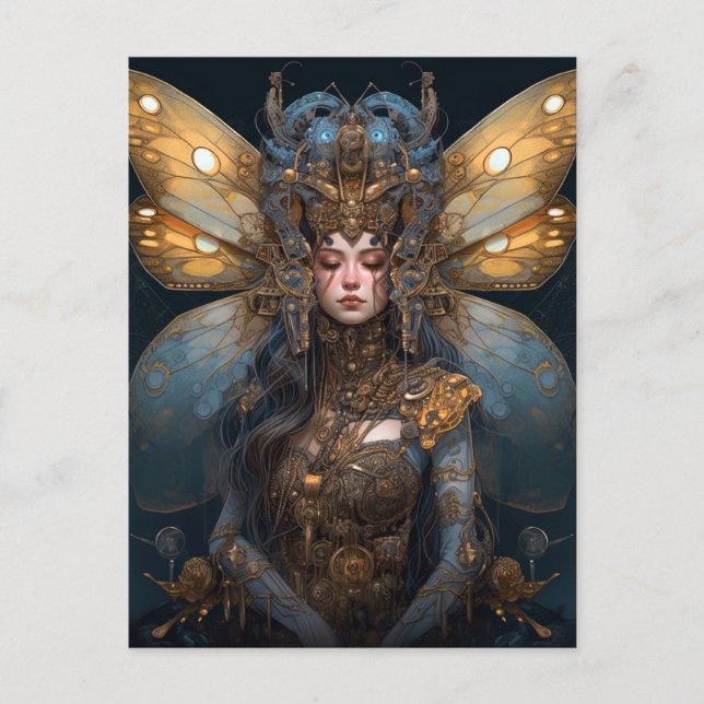 Cartão Postal Blue Dourado Robot Techno Fairy Fantasy Art (Frente)