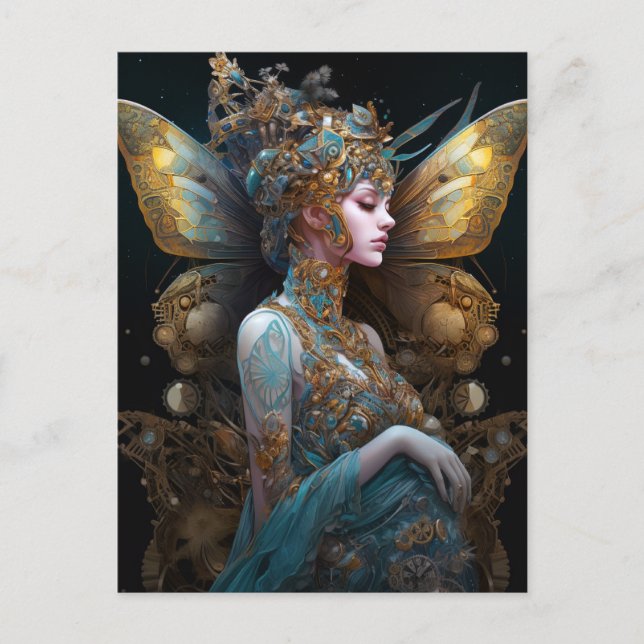 Cartão Postal Blue Dourado Techno Butterfly Woman Fantasy Art (Frente)