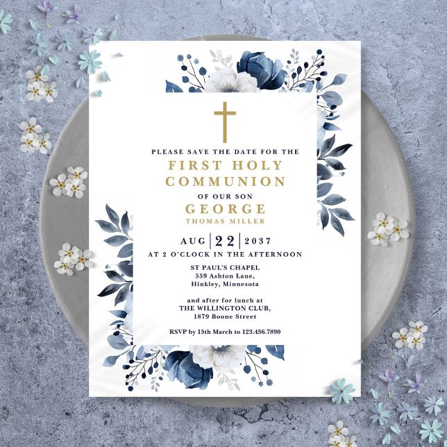 Cartão Postal Blue Floral First Santa Comunhão Salvar a Data (Blue Floral First Holy Communion Save The Date Postcard)