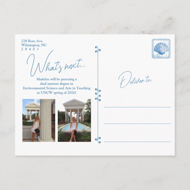 Cartão Postal Blue Floral Frame Coastal Graduation Postcard (Verso)