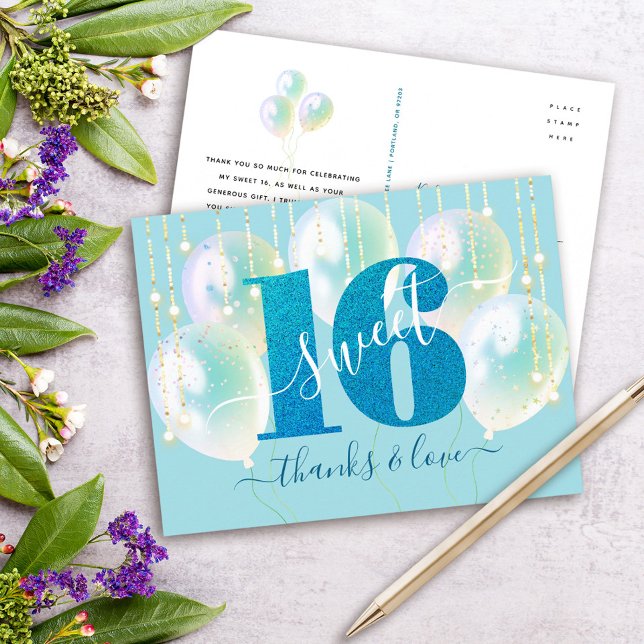 Cartão Postal Blue Glitter Sweet 16 Balão de Aniversário Obrigad (Criador carregado)