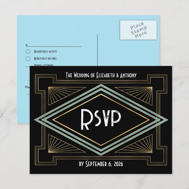 Cartão Postal Blue & Gold Art Deco Gatsby-Inspired Wedding (Frente/Verso)