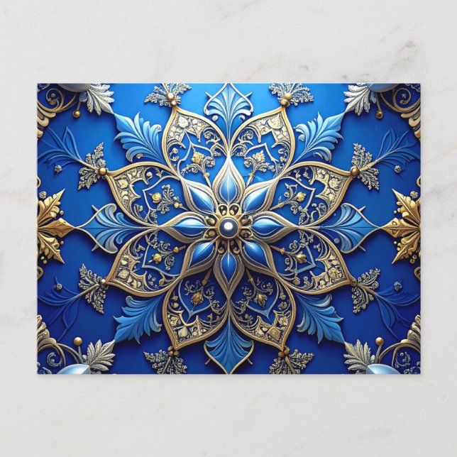Cartão Postal Blue Gold Decorative Holiday Postcard (Frente)