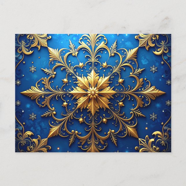 Cartão Postal Blue Gold Decorative Holiday Postcard (Frente)