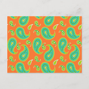 Cartão Postal Blue-Green Paisley em Laranja Brilhante