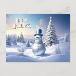 Cartão Postal Blue Hat Snowman Christmas Tree Holiday Postcard