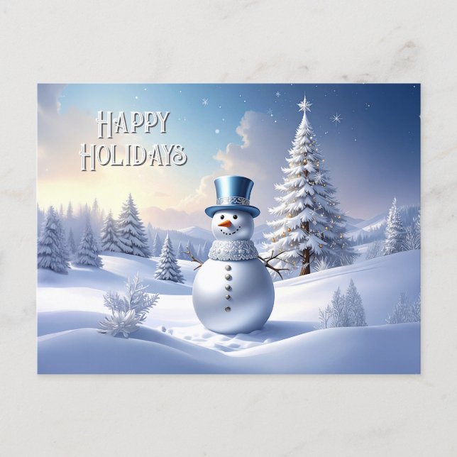 Cartão Postal Blue Hat Snowman Christmas Tree Holiday Postcard (Frente)