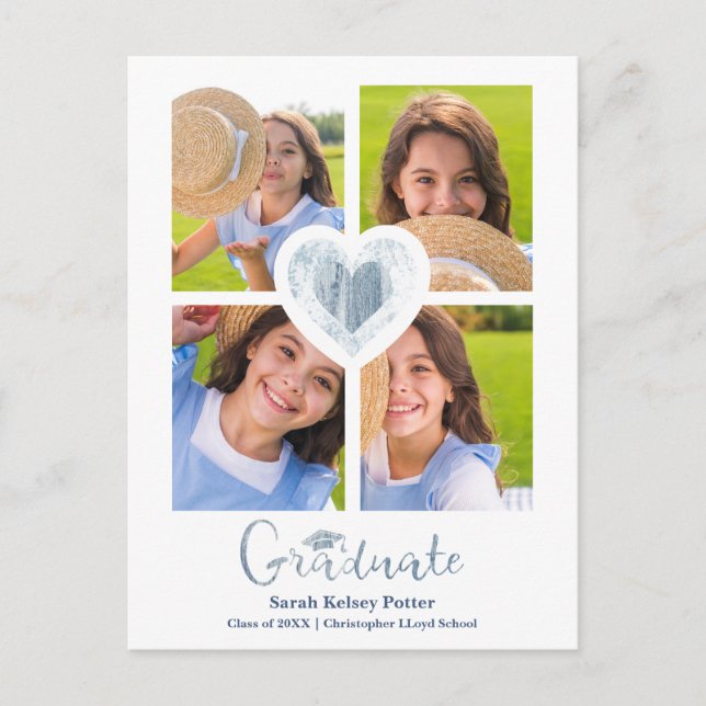 Cartão Postal Blue Heart Trendy All School Graduation 4 Fotos (Frente)