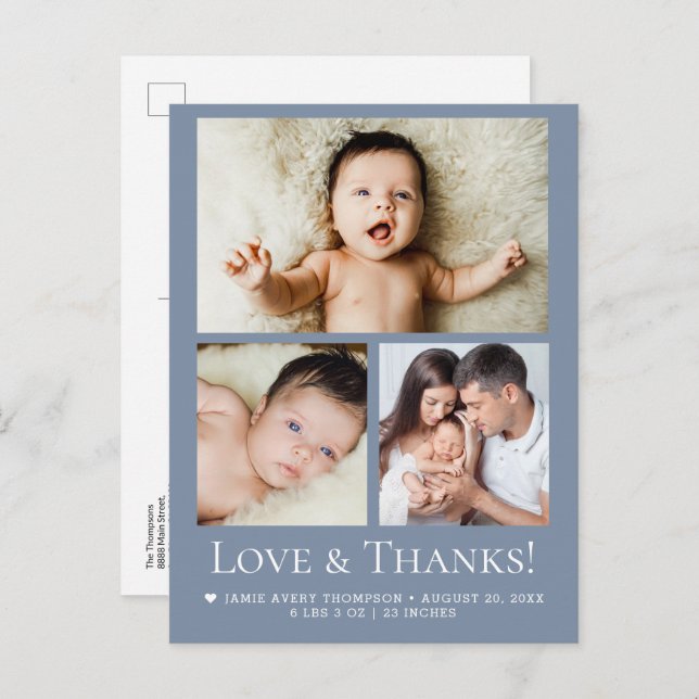 Cartão Postal Blue Love and Thanks Baby Photo Birth announcement (Frente/Verso)