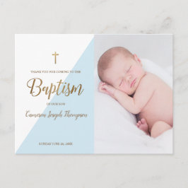 Cartão Postal Blue Modern Baby Boy Foto do Batismo Obrigado