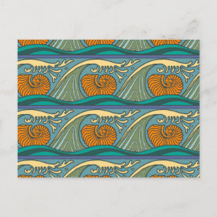 Cartão Postal Blue Ocean Waves Nautilus Seashell Patterno Nouvea
