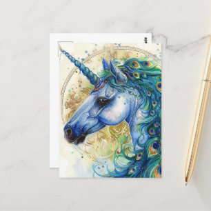 Cartão Postal Blue Peacock Unicorn
