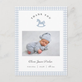 Cartão Postal Blue Rocking horse Gingham Boy Birth Announcement