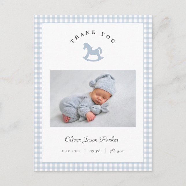 Cartão Postal Blue Rocking horse Gingham Boy Birth Announcement (Frente)
