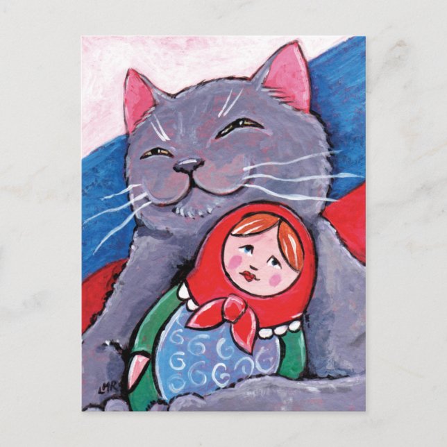 Cartão Postal Blue Russo e Boneca Babushka | Arte de Gato Patrió (Frente)