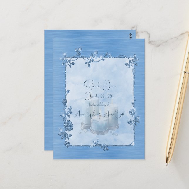 Cartão Postal Blue Shiny Elegant Sparkly Save the Date (Frente/Verso In Situ)