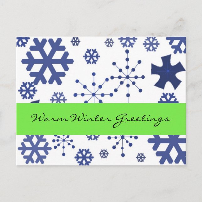Cartão Postal Blue Snowflakes Saudações Quentes de inverno (Frente)