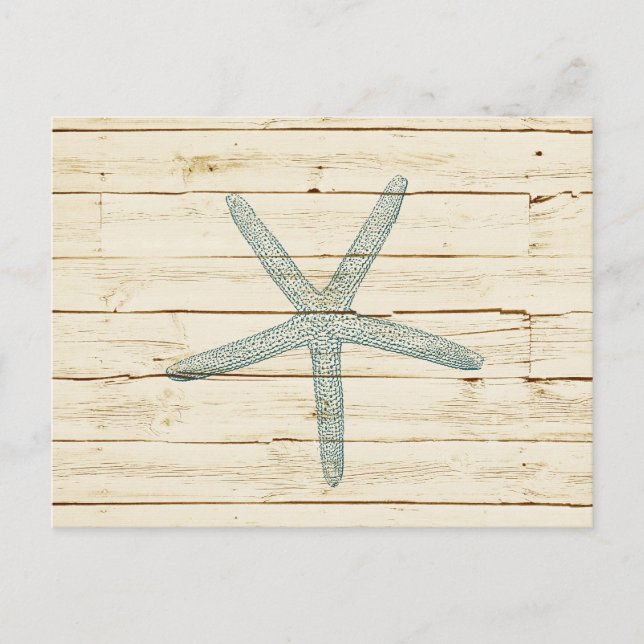 Cartão Postal Blue Starfish Faux Cream Wood Beach (Frente)