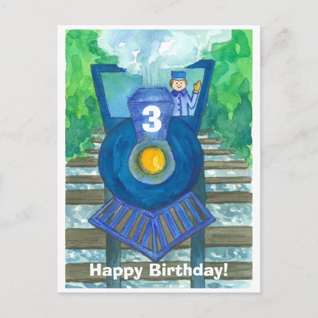 Cartão Postal Blue Steam Train Happy Third Birday (Frente)