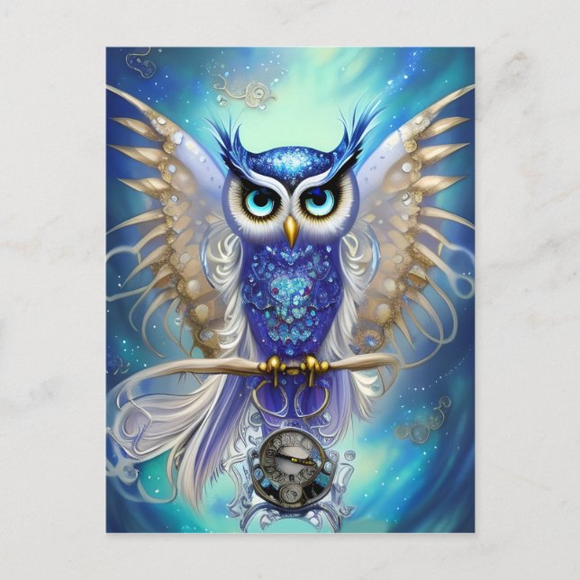 Cartão Postal Blue Steampunk Owl (Frente)