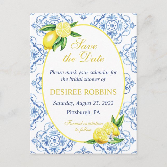 Cartão Postal Blue Tile Floral Lemon Bridal Shower Save the Date (Frente)