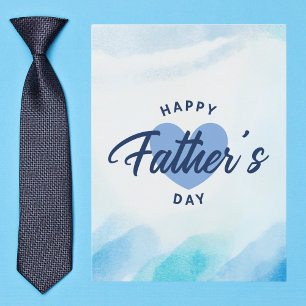 Cartão Postal Blue Watercolor Heart Happy Padre Day
