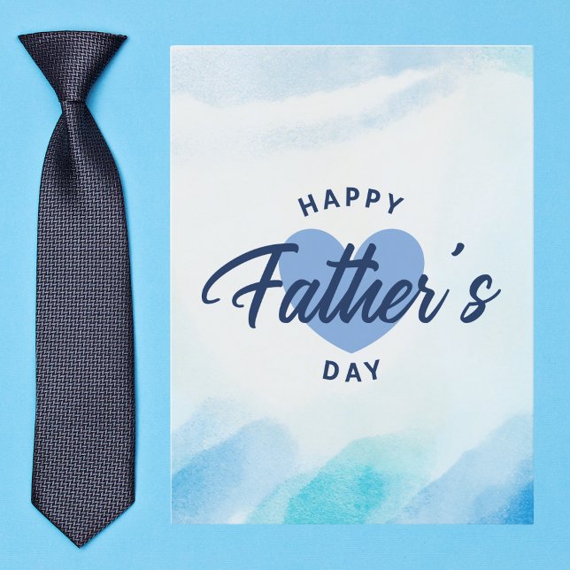 Cartão Postal Blue Watercolor Heart Happy Padre Day (Criador carregado)