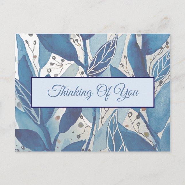 Cartão Postal Blue Watercolor Leaf Pensando em você (Frente)