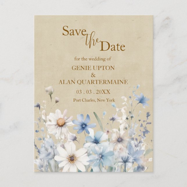 Cartão Postal Blue Wildflower Save the Date (Frente)