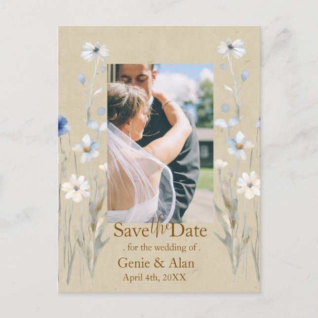 Cartão Postal Blue Wildflower Save the Date Photo (Frente)