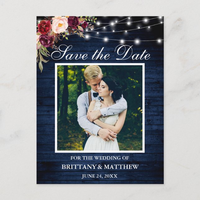 Cartão Postal Blue Wood Lights Burgundy Floral Salvar a Data (Frente)