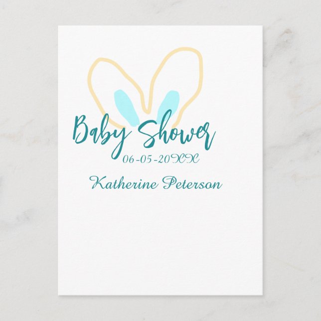 Cartão Postal Blue yellow baby shower name date animal ear cute  (Frente)
