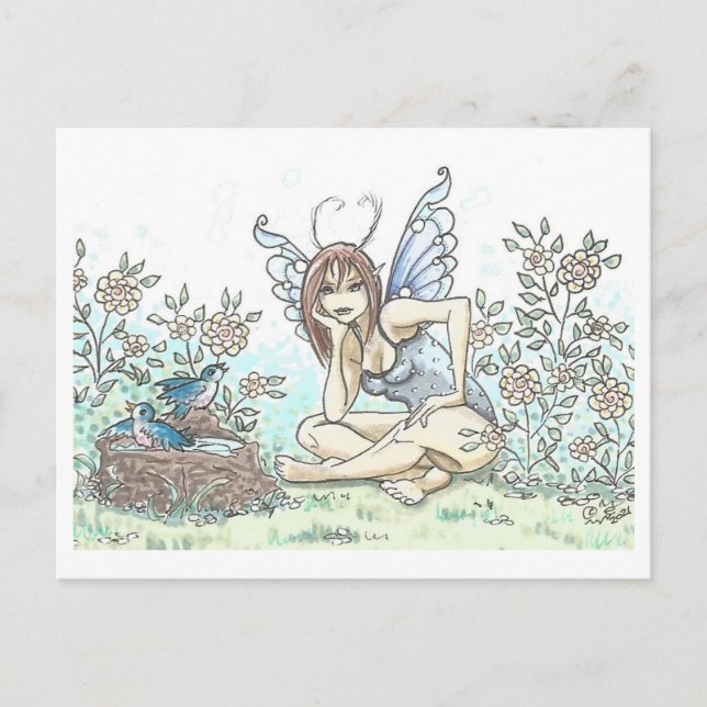 Cartão Postal Bluebird Bath Fairy Illustration Art Impressão (Frente)