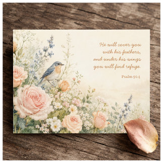 Cartão Postal Bluebird & Roses Salmo 91:4 Escritura