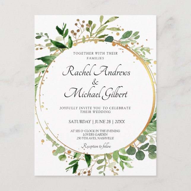 Cartão Postal Blumenkreislauf Grünes Dourado Hochzeit Einladung (Frente)