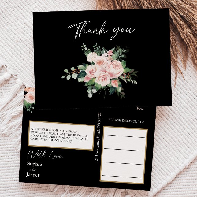 Cartão Postal Blush Floral Black Weding Obrigado Cartão-postal (Criador carregado)