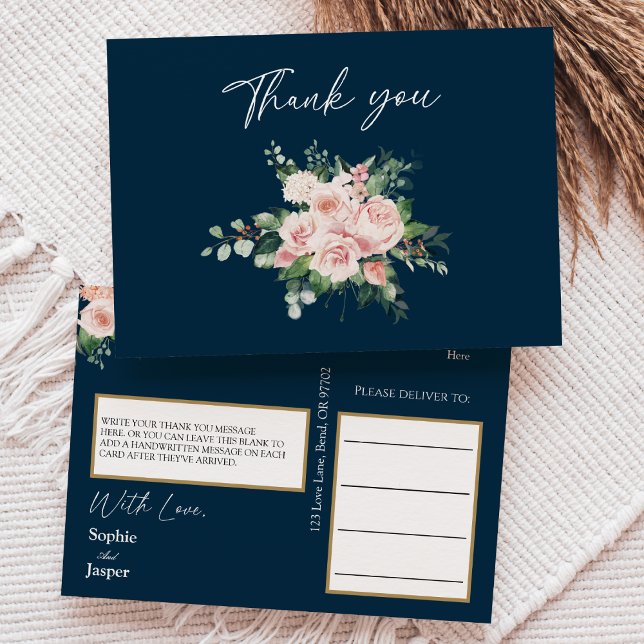 Cartão Postal Blush Floral Marinho Casamento Obrigado Cartão-Pos (Criador carregado)