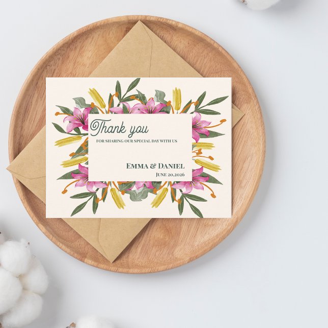 Cartão Postal Blush Pink Lily Botanical Wedding Thank You (Blush Pink Lily Botanical Wedding Thank You Card | Romantic Watercolor Floral Wedding Thank You)