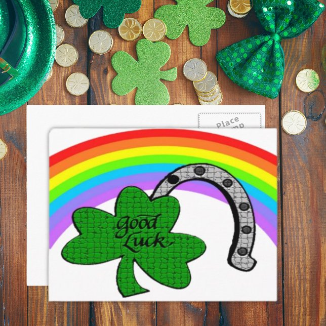 Cartão Postal Boa Sorte Shamrock, Rainbow e Horsfere (Good Luck Shamrock, Rainbow and Horseshoe Postcard)