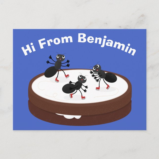 Cartão Postal Boas formigas patinando em desenho de biscoito (Frente)