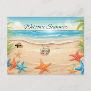 Cartão Postal Boas-vindas Verão Praia Tropical, Estrela do Mar