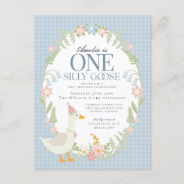 Cartão Postal Bobo Azul Ganso Floral Gingham Primeiro Aniversári