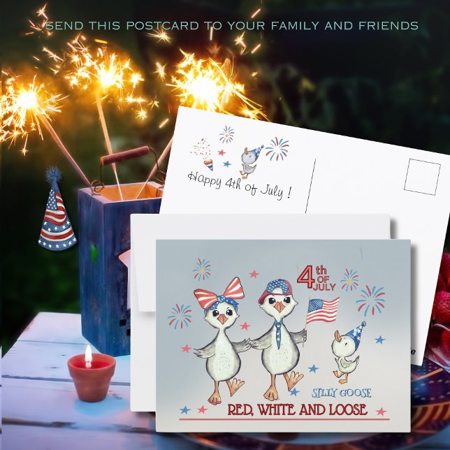 Cartão Postal Bobo Goose Family Red, White e Loose 4 de julho (Silly Goose Family Red, White & Loose 4th of July Postcard)