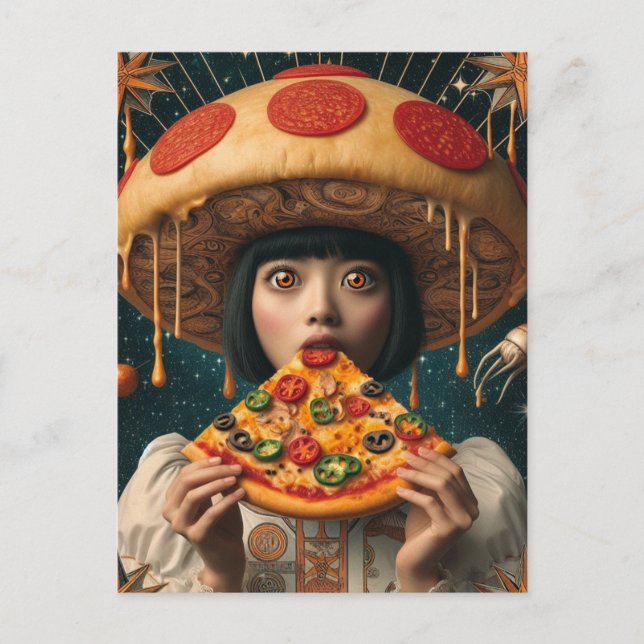 Cartão Postal Bobo Pizza Mulher Com Chapéu De Cogumelo Pepperoni (Frente)