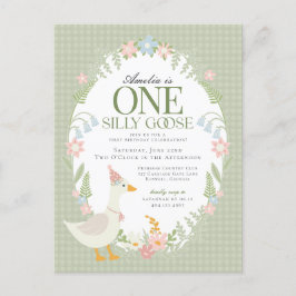 Cartão Postal Bobo Verde Ganso Floral Gingham Primeiro Aniversár