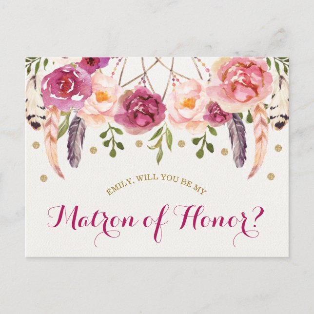 Cartão Postal Bohemian Floral Dreamcatcher Matron of Honor Card (Frente)