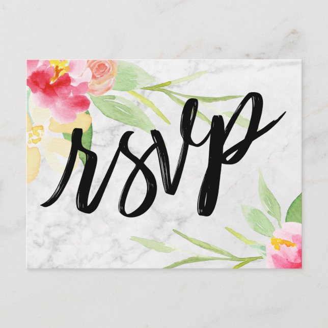 Cartão Postal Boho Aquarela Floral em Mármore Cinza Sutil RSVP (Frente)