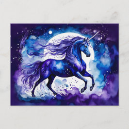 Cartão Postal Boho Aquarela Unicórnio Azul Majestoso Sob Estrela