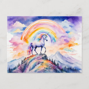 Cartão Postal Boho Aquarela Unicórnio Mágico Sob Arco-íris Radia