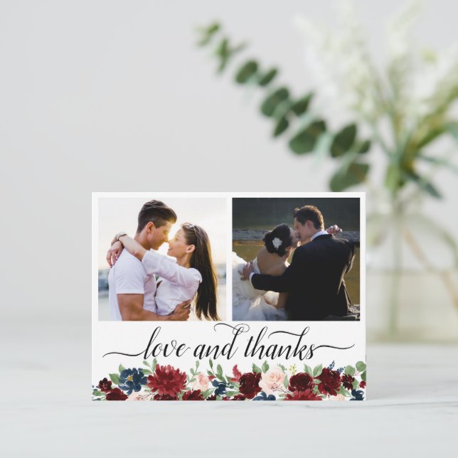 Cartão Postal Boho Bloom | Borgonha e Marinho 2 Foto Obrigado (Em pé/Frente)